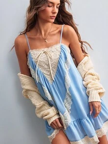 Willow Rêve Women's Blue Chiffon Lace Patchwork Spaghetti Strap Mini Dress - Blue - View 5
