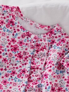 2件組新生女嬰居家服可愛粉色花卉印花荷葉邊長袖連身連腳褲附髮帶套裝 - 玫紅色 - 查看 4