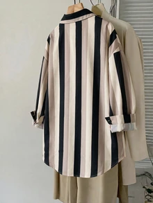 SHEIN LUNE 大尺碼女款條紋長袖單排扣休閒寬鬆襯衫 - 彩色 - 查看 2