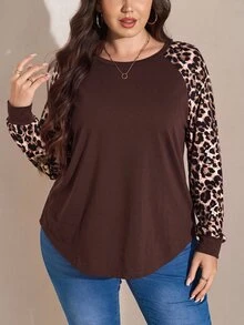 SHEIN LUNE Sleeve Patchwork Leopard Print Pattern Knitted T-Shirt Suitable For Dating, Vacation, Party, Daily Outing, Gathering, Outdoor Activities - Coffee Brown - View 3