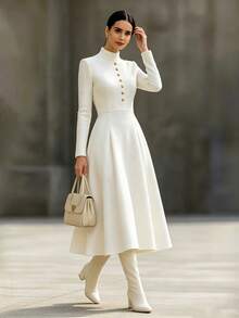 SHEIN Raffinéa Autumn/Winter Elegant Solid Color Textured Metal Button Decor Small Stand Collar Long Sleeve A-Line Long Dress For Women, Commute And Holiday Wear - White - View 5