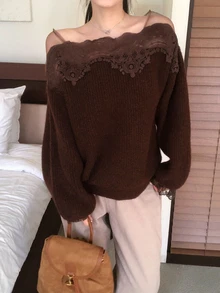 DAZY Women's Mesh Lace Patchwork Long Sleeve Elegant Banquet Net-Like Autumn/Winter Solid Color Sweater - Coffee Brown - View 6