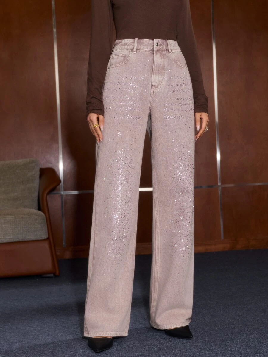 Anewsta Celana Jeans Wanita Model Lurus Berhiaskan Rhinestone Gaya Vintage - Grey - View 1