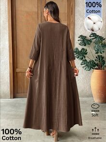 EMERY ROSE Women's Round Neck Mid-Sleeve Pleated Long Dress Coffee Brown Fall Casual - Brown - View 2
