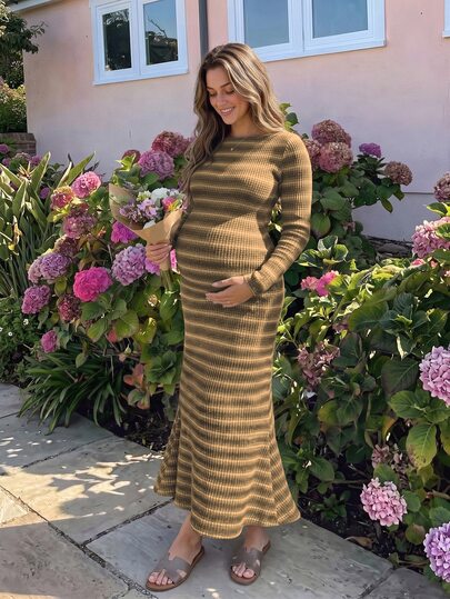 Lyckli Maternity Striped Round Neck Long Sleeve Slim Fit Elegant Mermaid Dress
