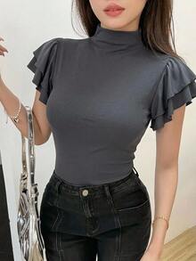 DAZY 女款純色立領荷葉邊短袖時尚T恤 - 灰色 - 查看 4