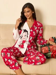 Betty Boop x SHEIN Bộ đồ ngủ nữ áo tay dài phối màu tương phản cài nút và quần dài in họa tiết hoạt hình - Đỏ và trắng - Xem 1