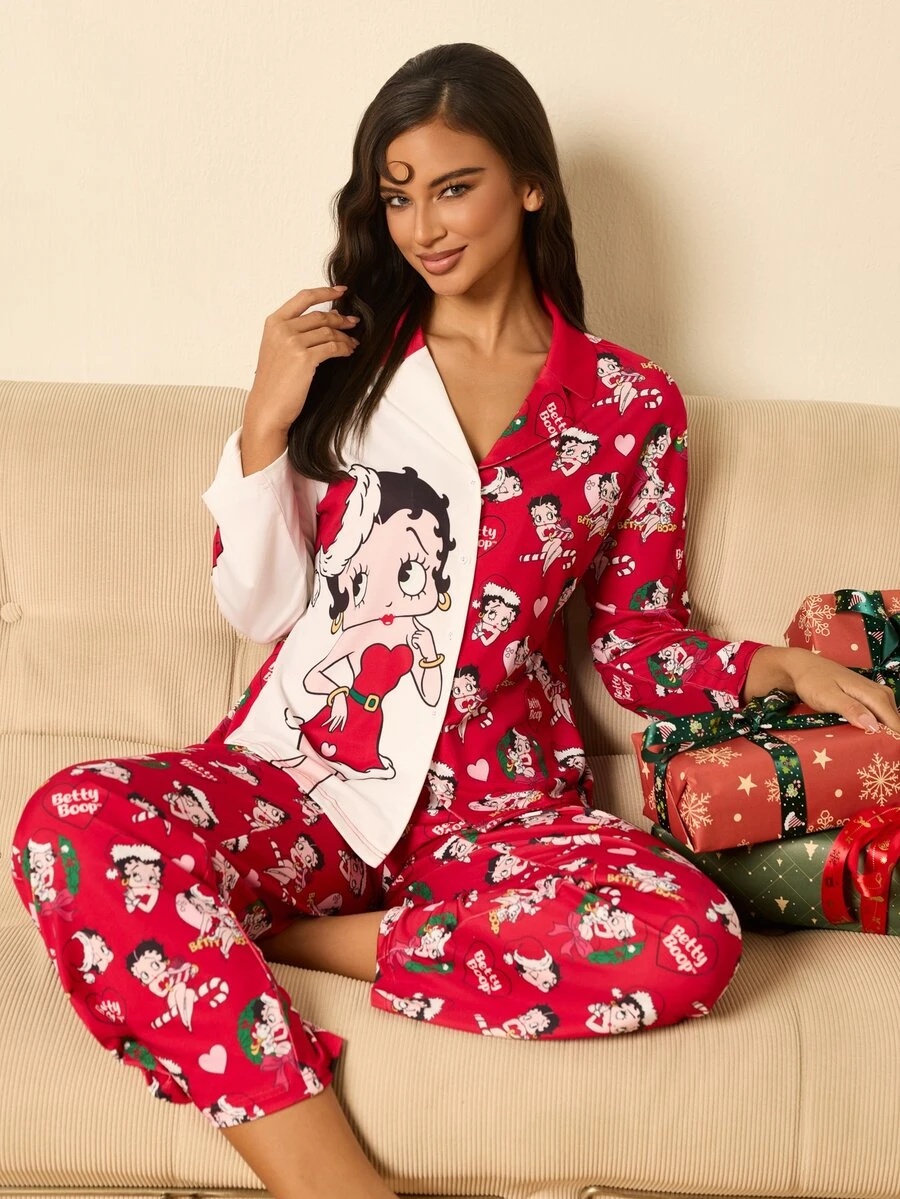 Betty Boop x SHEIN Bộ đồ ngủ nữ áo tay dài phối màu tương phản cài nút và quần dài in họa tiết hoạt hình - Đỏ và trắng - Xem 1