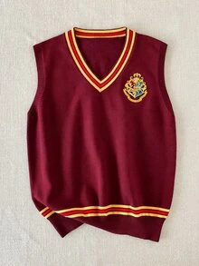 PrepCrw HARRY POTTER X SHEIN 兒童青少年男孩V領撞色學院風刺繡針織背心，秋冬萬聖節針織上衣，2026秋冬款 - 酒紅色 - 查看 4
