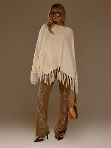 MUSERA White Oversized Tassel Detail Crew Neck Poncho Autumn Fall Winter Cute Casual Christmas - Apricot - View 5