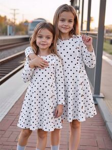 Gaun Pullover Elegan Kasual Leher Bulat dengan Belahan Samping Panjang Sedang untuk Anak Perempuan Remaja, Cocok untuk Sekolah dan Pakaian Kasual Sehari-hari. - Hitam dan Putih - View 1