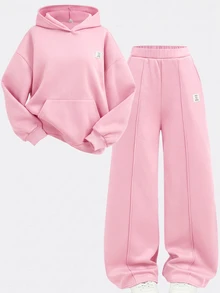 SHEIN Girlism 2件組青少年女孩純色棕色冬季休閒度假返校復古寬鬆圖案秋季連帽衛衣與運動長褲保暖運動套裝 - 粉色 - 查看 3