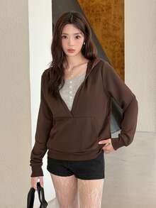 K-Vae Women's Deep Brown V-Neck Hooded Sweatshirt, Loose Fit Pullover With Pockets, Casual Top - Multicolor - View 3