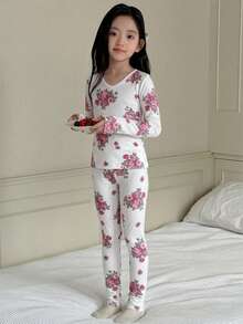 DAZY Girls (Large) V-Neck Casual Floral Print Home Daily Fitted Thermal Top & Pants 2 Pieces Set Loungewear - White - View 7
