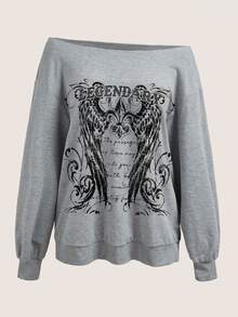 SHEIN EZwear 淺灰色龐克街頭印花女款露肩寬鬆休閒長袖衛衣 - 灰色 - 查看 5