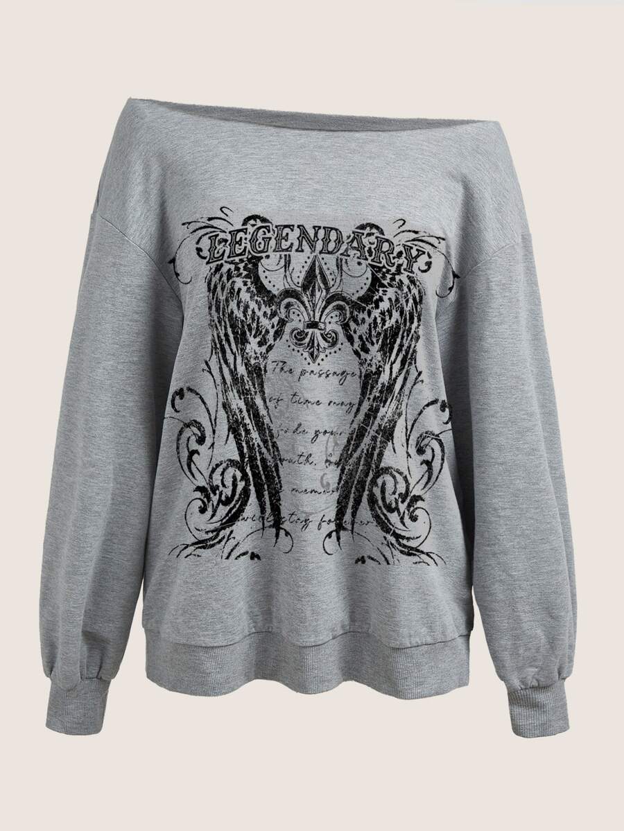 SHEIN EZwear Light Gray Punk Street Print Pattern Women's Off-Shoulder Loose Casual Long Sleeve Sweatshirt - Grey - View 1