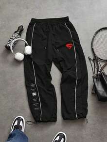 SUPERMAN X SHEIN Men's Letter Print Raglan Short Sleeve T-Shirt And Long Pants Sports Set - Black - View 5