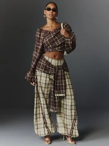 NYA SZN Women's Cross One-Shoulder Plaid Pattern Short Top, Urban Renaissance Street Style Casual Fashion Creative Personalized Streetwear - Coffee Brown - View 3