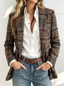 SHEIN Women's Fashion Tweed Plaid Buttonless Cardigan Jacket, Casual Blazer For Autumn/Winter, Suitable For Daily Commute, Outings, Workplace Wear - Brown - View 4