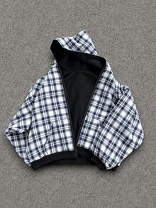 SHEIN 青少年男孩休閒格紋素色雙面可穿連帽秋季夾克，正反兩面皆可穿 - 黑色 - 查看 2