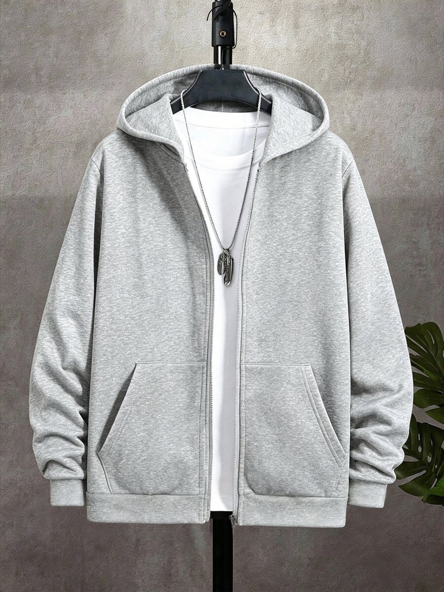 SHEIN 兒童 1 件大童男孩灰色連帽冬季開襟衫 寬鬆版型 秋季休閒都市運動學院風復古貼袋 開學日常穿搭 - 淺灰色 - 查看 1