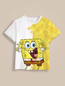 SpongeBob SquarePants | SHEIN 小男孩卡通印花圓領短袖T恤 - 白色 - 查看 8