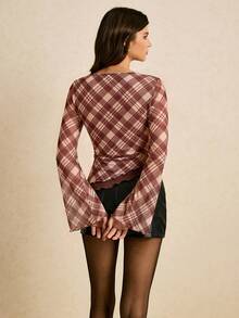 Poéselle Women's Plaid Round Neck Flared Sleeve Frill Trim Fashion T-Shirt - Rust Brown - View 2