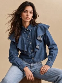 CielaLinda Women's Ruffle Denim Blouse, Denim Shirt Top, Feminine Ruffle Trim Top - Blue - View 7