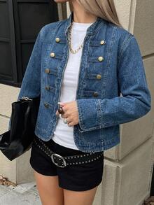 DAZY Women's Small Stand Collar Washed Button-Down Denim Jacket And Coat - Medium Wash - View 3