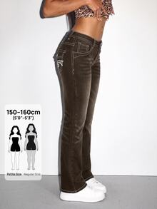 SHEIN PETITE 女款修身休閒百搭喇叭褲口袋牛仔褲 - 棕色 - 查看 1