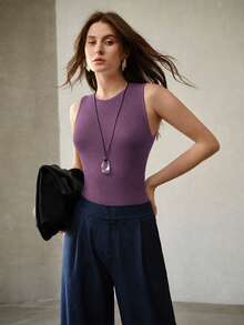 MOTF PREMIUM WOMEN'S SOLID COLOR ROUND NECK SLIM FIT CASUAL VERSATILE TANK TOP - Purple - View 1