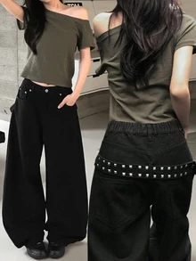 Dazy Kids Teen Girls Patchwork Fashion Vintage Wide Leg Jeans - Black - View 1