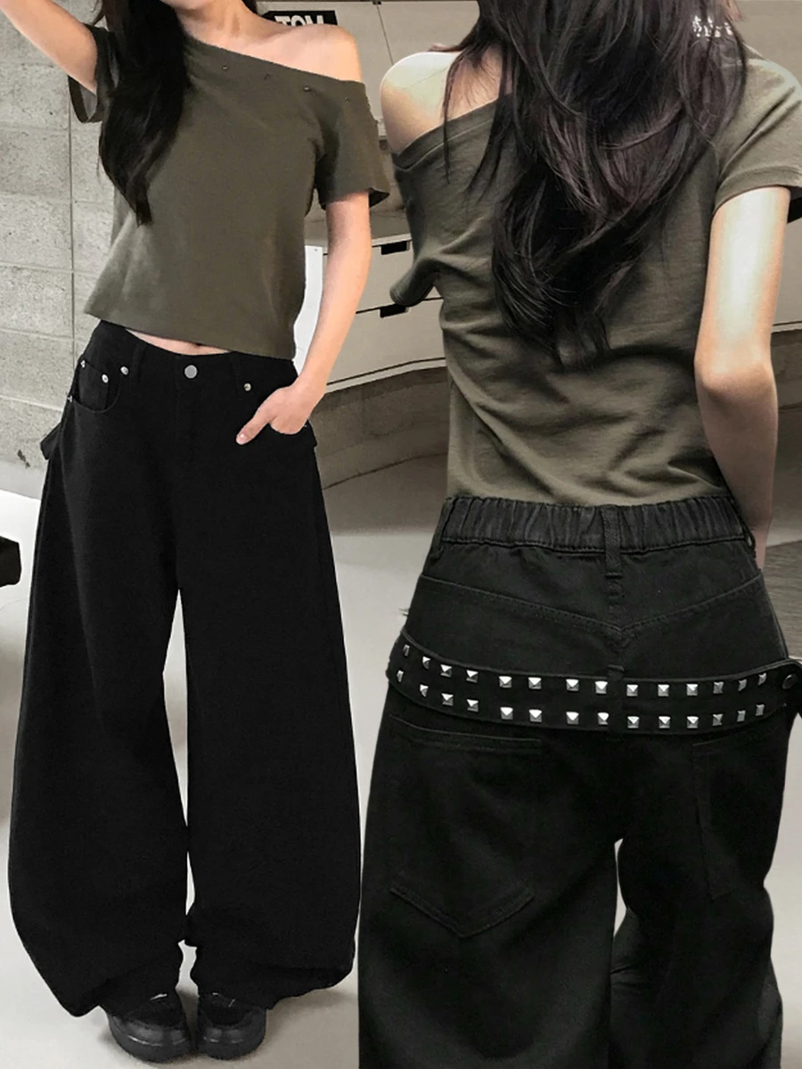 Dazy Kids Teen Girls Patchwork Fashion Vintage Wide Leg Jeans - Black - View 1