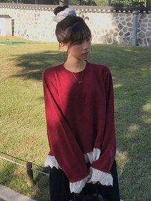 DAZY Patchwork Contrast Color Lace Trim Loose Long Sleeve Red Pullover Knit Sweater Casual Vacation Korean Style Daily Autumn/Winter Women's Sweater - Red - View 4