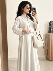 Solavon Women's White Shirt Top And Long Skirt 2 Pieces Set - Apricot - View 2