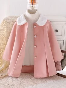 SHEIN Elladie kids 秋季毛絨領單排扣A字夾克套裝，柔軟羊毛外套，甜美公主風寬鬆版型風衣，適合日常、派對、假期秋季穿著 - 粉色 - 查看 8
