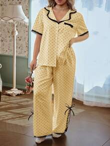 CottageSlumber Pijama Longo de Manga Curta Feminino com Patchwork de Renda em Blocos de Cor, Gola de Lapela, Estampa de Poá, Roupa de Descanso Plus Size - Amarelo - Visão 5