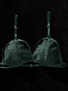 SHEIN 女款蕾絲可調節肩帶內衣套裝 - 墨綠色 - 查看 4