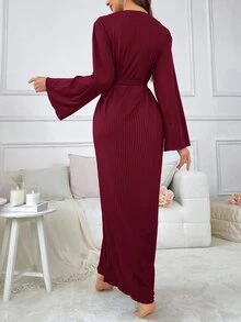 SHEIN 女款長袖寬鬆休閒居家睡袍 - 酒紅色 - 查看 7