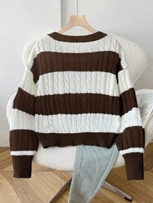 SHEIN 青少年女孩棕色與白色條紋海軍藍圓領毛衣，秋冬開學季 - 棕色 - 查看 3
