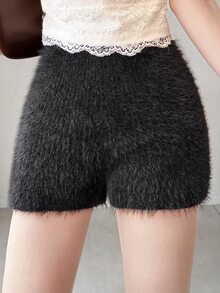 FRIFUL Women's Solid Color High Waist Fuzzy Texture Preppy Casual Cute Style Shorts Lounge Beige Black Fall Everyday Winter - Black - View 5