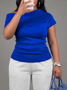 Slaydiva Plus Size Women's Knit Top, Draped Cowl Neck Plus Size Long Sleeve Soft Knitted Blouse - Blue - View 4