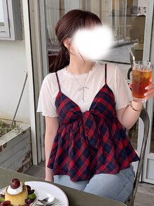 Bijouette 大尺碼女款夏季時尚休閒優雅浪漫極簡度假格紋兩件套，白色針織圓領短袖上衣與格紋V領細肩帶背心，大尺碼女款兩件套，白色女款兩件套與藍色女款兩件套，櫻花季末限量版大尺碼藍白格紋蝴蝶結背心兩件套 - 紅色 - 查看 14