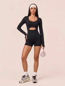 SHEIN BAE Women's Solid Color Round Neck Waist Cutout Slimming Fashion Long Sleeve Athletic Jumpsuit - Black - View 5