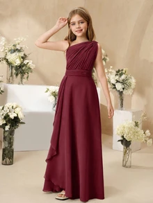 SHEIN 四季婚禮花童優雅舞會禮服，婚禮季百褶披肩雪紡兒童正式禮服，大女孩奢華時尚泡泡袖公主裙 - 酒紅色 - 查看 6