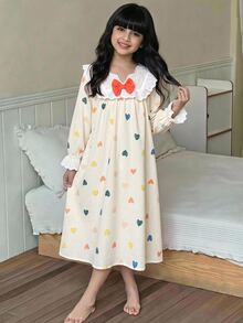 SHEIN 少女碎花睡裙，3D蝴蝶結裝飾可愛蕾絲洋裝 - 淺粉色 - 查看 4