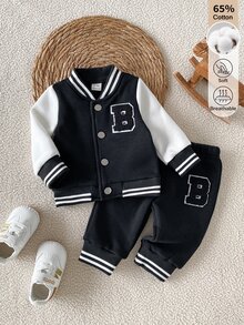 SHEIN 2pcs Newborn Spring/Autumn Fleece Baseball Outfit Set, Soft Skin-Friendly Baby Casual Cotton Sports Set - Multicolor - View 2