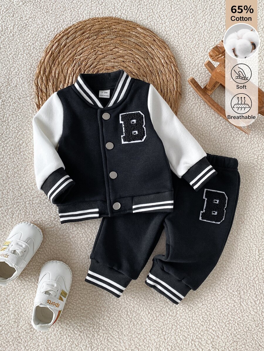 SHEIN 2pcs Newborn Spring/Autumn Fleece Baseball Outfit Set, Soft Skin-Friendly Baby Casual Cotton Sports Set