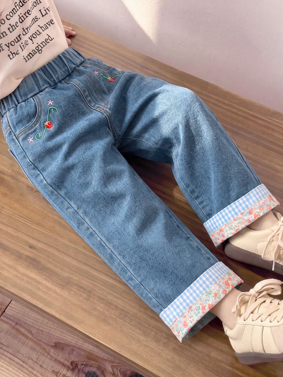 SHEIN 1pc Girls Casual Preppy Denim Straight Leg Floral Pants - Blue - View 1