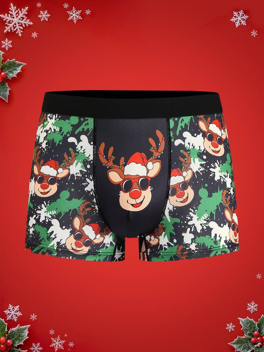 Notgurli Men's Mid-Waist Comfortable Boxer Briefs With Fashion Glasses And Christmas Reindeer Print, Holiday Theme Personalized Underwear - Multicolor - View 1